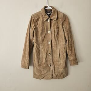 Dennis Basso Women’s Brown Suede Leather Turn Button Front Blazer Jacket XXS